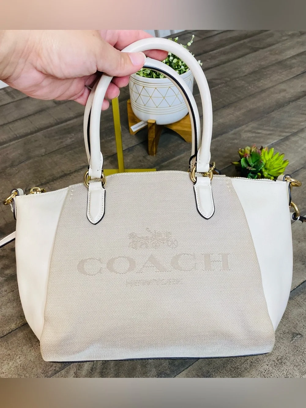 COACH Elise Satchel Horse & Carriage Jacquard Canvas White Leather Crossbody Bag